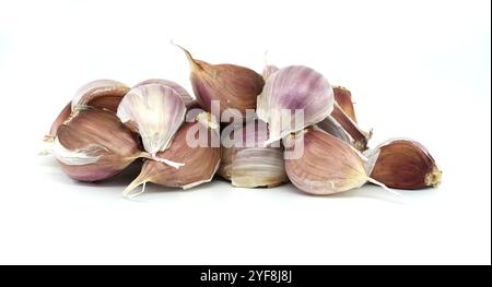 Una collezione di vivaci spicchi d'aglio viola disposti su una superficie bianca pulita, che mostrano la loro naturale consistenza e colore. Ideale per la cucina e il buongustai Foto Stock