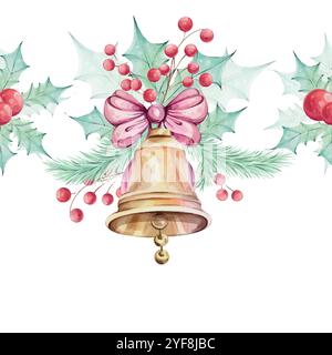 Contorno senza cuciture di acquerello natalizio - composizioni con foglie verdi agrifoglio, bacche rosse. Jingle campana dorata con arco. Composizione invernale, arredamento Illustrazione Vettoriale