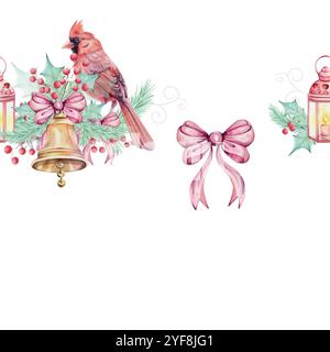 Watercolor Seamless Border - composizione cardinale rosso uccello di Natale con brunch all'albero, frutti di bosco rossi e campana dorata Jingle con arco. Confine, ornamento Illustrazione Vettoriale