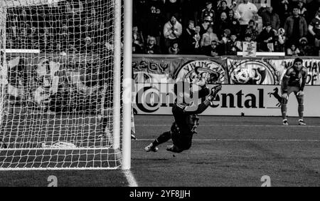 Harrison, Stati Uniti. 3 novembre 2024. Numero 31 Carlos Coronel, portiere dei New York RedBulls, para un rigore in una partita casalinga contro il Columbus Crew a Harrison, New Jersey, il 3 novembre 2024. I Redbulls vinsero la sparatoria e avanzarono. (Foto di Jonathan Fernandes/Sipa USA) credito: SIPA USA/Alamy Live News Foto Stock