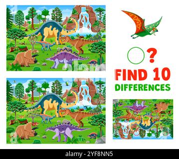 Trova dieci differenze tra i dinosauri preistorici. Gioco educativo con paesaggi vivaci con varie specie di dinosauri. Puzzle vettoriale cartoni animati per bambini, che migliora l'attenzione ai dettagli Illustrazione Vettoriale