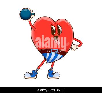 Un simpatico personaggio con il cuore che solleva un barbell. Isolato vettore di cartoni animati rosso forte cuore sano personalità sportivo con un grande sorriso e braccia flessibili, solleva un peso pesante, mostrando amore per lo sport Illustrazione Vettoriale