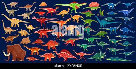 Infografiche sui dinosauri, set di vettori preistorici di specie di dinosauri. Cartoni animati antichi rettili dell'era giurassica. Carnivori terrestri, onnivori, erbivori e mammut con rettili marini e pterosauri Illustrazione Vettoriale