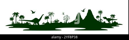 Sagome di dinosauri dell'era preistorica. Scena d'ombra verde scuro vettoriale con ambiente giurassico brulicante di vegetazione lussureggiante, maestosi rettili antichi, pterosauri volanti, alberi e paesaggio vulcanico Illustrazione Vettoriale