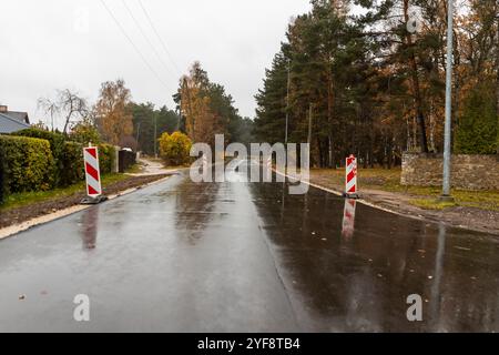 Una strada asfaltata di campagna vuota che attraversa il villaggio in un giorno di pioggia autunnale. Viaggio su strada, trasporti, comunicazioni, guida Foto Stock