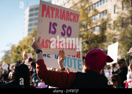 Washington, Stati Uniti. 2 novembre 2024. I sostenitori hanno un cartello durante la marcia delle donne di sabato a Washington. The Women's March to the White House il 2 novembre 2024 a Washington DC. Credito: SOPA Images Limited/Alamy Live News Foto Stock