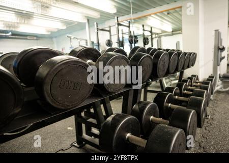 Nero set di manubri. Chiudere molti pesi di metallo sulla cremagliera in sport centro fitness , Peso attrezzature di formazione del concetto. Foto Stock