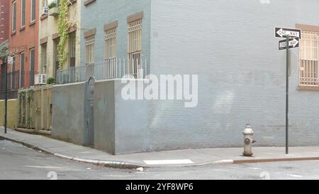 Incrocio a New York City, incrocio con Minetta Street, cartello con la freccia a senso unico. Edificio residenziale Manhattan Greenwich Village, New York, Stati Uniti. Muro di mattoni blu, idrante di fuoco. Foto Stock