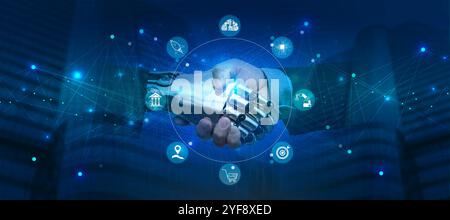 Stretta di mano tra robot e umani, intelligenza artificiale, apprendimento automatico, adozione dell'intelligenza artificiale per lavorare con Assistant of Business, trasformazione digitale dei dati, scienza e arte Foto Stock