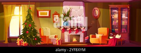 Soggiorno festivo con albero di Natale decorato e regali avvolti. I calzini rossi sono appesi sopra il caminetto in fiamme. Comode poltrone, libreria illuminata, servizio tè sul tavolo. Luce solare attraverso la finestra. Illustrazione Vettoriale
