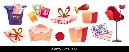 Collezione postale con lettere viola e rosse, francobolli colorati con fiori, navi e lettere legate con nastro marrone, buste sigillate e sigillo in cera per il servizio di consegna della posta. Set vettoriale cartoni animati. Illustrazione Vettoriale