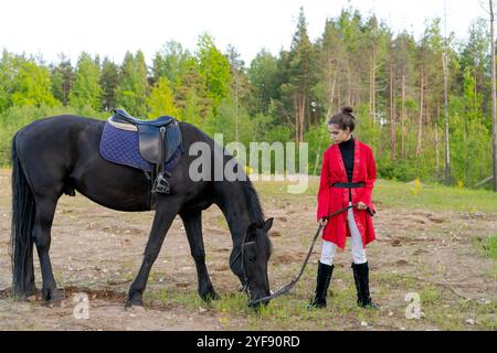 La ragazza è in piedi accanto a un cavallo in un campo. Il cavallo sta mangiando erba. La ragazza indossa un cappotto rosso e pantaloni bianchi Foto Stock