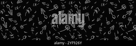 Motivo vettoriale monocromatico senza cuciture con fiori semplici. Elementi botanici bianchi disegnati da una matita di cera sulla lavagna. Sfondo floreale vettoriale per Illustrazione Vettoriale