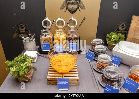 Lussuosa colazione a buffet con cereali assortiti e mix di frutta fresca in scatola in hotel Foto Stock