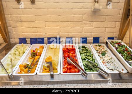 Buffet fresco e salutare scelta di frutta e insalate in hotel Foto Stock