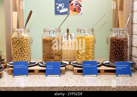 Sana colazione a buffet con varietà di frutta fresca e cereali Foto Stock