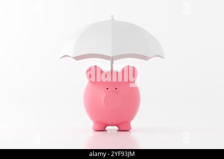 Salvadanaio rosa sotto l'ombrello bianco che rappresenta assicurazione, risparmio e protezione degli investimenti su sfondo bianco. Rendering 3D. Foto Stock