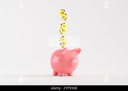 Salvadanaio rosa con i simboli del dollaro che cadono nella sua fessura per risparmiare denaro. Rendering 3D. Foto Stock