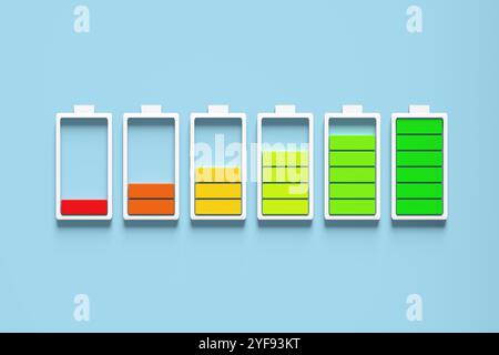 Le icone della batteria mostrano un livello di carica crescente da rosso a verde su sfondo azzurro. Rendering 3D. Foto Stock