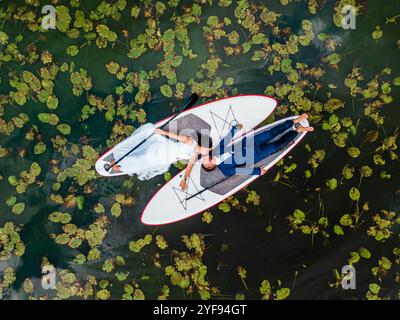 vista aerea di una coppia in abito nuziale stesa su una tavola da paddleboard in mezzo ai gigli, celebrando l'amore in un ambiente unico, sereno e naturale Foto Stock