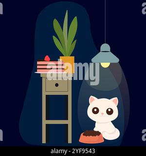 Un gatto è seduto di fronte a un tavolo con un fiore in vaso e una torta. Il gatto sta guardando la torta e sembra interessato. Una ciotola di cibo Illustrazione Vettoriale