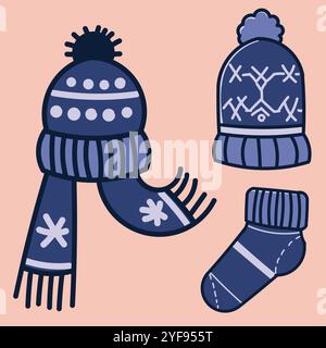 Cappello, sciarpa e calzino blu raffigurati in stile cartoni animati. Un cappello con un pompon sulla testa e una sciarpa di colore blu con fiocchi di neve bianchi Illustrazione Vettoriale