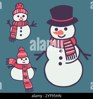 Tre pupazzi di neve che indossano sciarpe rosse e cappelli. I pupazzi di neve sorridono e sembrano felici Illustrazione Vettoriale