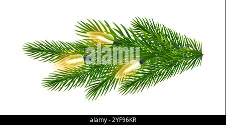 Filiale di abete con ghirlanda di luci gialle per Natale, biglietti di auguri di Capodanno, striscioni Illustrazione Vettoriale