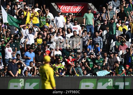 MELBOURNE, AUSTRALIA. 4 novembre 2024. ODI Cricket: Australia contro Pakistan One Day International. I tifosi pakistani fanno il tifo, il canto e la gioia verso l'australiano Jake Fraser-McGurk dopo l'ennesima palla di confine al Melbourne Cricket Ground, Melbourne, Australia, il 4 novembre 2024. Credito: Foto Stock