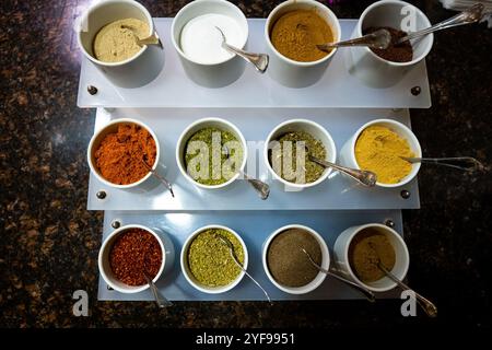 Una varietà di spezie in piccoli contenitori bianchi, disposti su una superficie in legno. Perfetto per aggiungere sapore a qualsiasi ricetta. Foto Stock