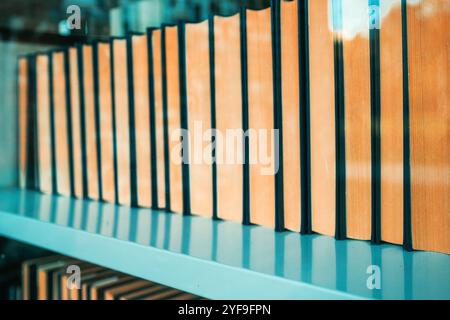 Libri con copertina rigida sullo scaffale della biblioteca pubblica visti attraverso la finestra di vetro, attenzione selettiva Foto Stock