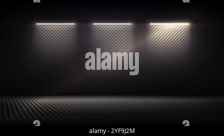 Interni studio con texture in fibra di carbonio. Moderno interno in fibra di carbonio rosa viola nero con luce. Sfondo scuro per il montaggio, prodotto Illustrazione Vettoriale