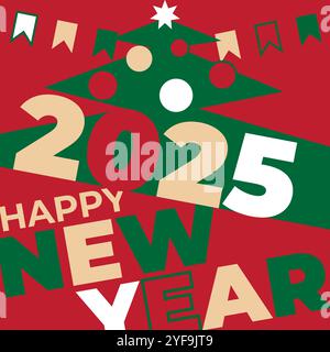 Buon anno nuovo 2025 carta da parati, biglietto d'auguri, poster. Albero di Natale, star. Design semplice e piatto per striscioni, inviti, biglietti d'auguri e sfondo. Festa Illustrazione Vettoriale