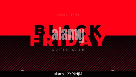 Striscione Black Friday con scritta tipografica brillante al neon sullo sfondo della parete in mattoni. Design vettoriale per le festività natalizie per la promozione Illustrazione Vettoriale