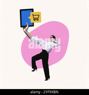 Donna che tiene in mano un tablet con l'icona del carrello e effettua un ordine online. Shopping moderno e interazioni digitali nell'e-commerce. Collage d'arte contemporanea Foto Stock