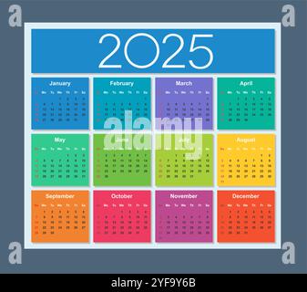 Calendario colorato per 2025 anni. La settimana inizia domenica. Illustrazione vettoriale isolata. Illustrazione Vettoriale
