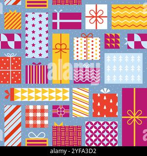 Modello regalo. Carta da imballaggio a nastro. Festeggiamenti di Natale o di compleanno. Festa delle vacanze invernali. Pacchetto di archi geometrici. Texture Noel. Stampa ripetuta. Festività Illustrazione Vettoriale