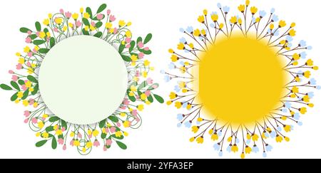 Foglie verdi, ramoscelli in fiore e fiori cornici circolari da 2. Spazio copia modello saluto primavera. Lettere per illustrazioni vettoriali isolate o copertina per biglietti, volantini, banner, inviti o promozioni Web Illustrazione Vettoriale