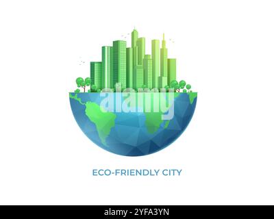 Giornata mondiale. Città ecocompatibile. Terra verde. Globo ecologico o concetto ambientale della natura. Salvare l'ecologia e la salute del pianeta. Mappa cartacea. Riciclare e ripetere Illustrazione Vettoriale