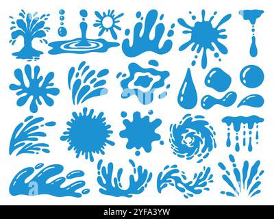 Spruzzi d'acqua. Goccia, gocciolamento liquido blu o gocciolamento, gocciolamento pioggia o lacerazione. Spray blu trasparente con bolle d'aria. Simbolo del mare e dell'oceano. V Illustrazione Vettoriale