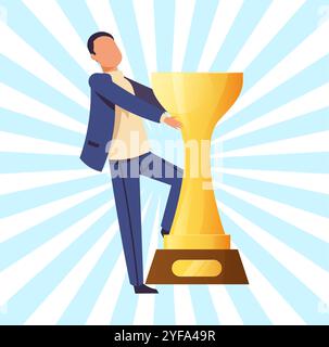 Uomo d'affari con il premio del vincitore. Uomo con coppa d'oro, leader in competizione o obiettivo raggiungere. Primo posto nello sport. Carattere felice. Cartone animato vettoriale piatto Illustrazione Vettoriale
