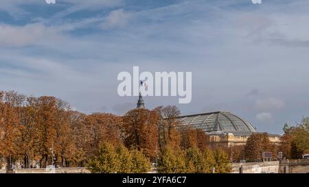 La bandiera francese vola sul tetto dello storico Grand Palais di Parigi, in Francia, con alberi dipinti in tonalità autunnali Foto Stock