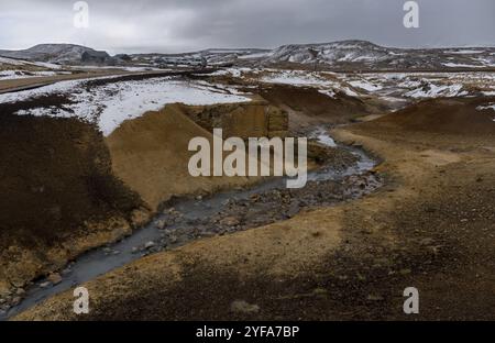 Gunnuhver campo di sorgenti termali geotermiche nella Penisola di Reykjanes. Grintavik Islanda in primavera Foto Stock