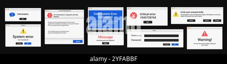 Serie di messaggi di errore nella finestra in stile moderno. Finestra a comparsa di notifica di avviso. Illustrazione Vettoriale