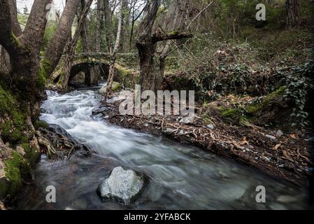 Bellissimo ponte medievale o Milia con fiume pieno di acqua che scorre sulle montagne di Troodos a Cipro Foto Stock