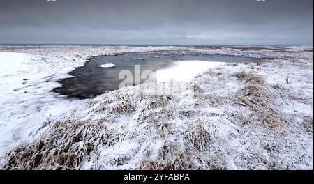 Tipico islandese drammatico paesaggio con lago ghiacciato in prossimità dell'oceano atlantico in Islanda Foto Stock