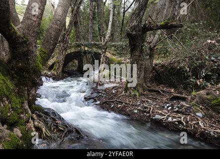 Bellissimo ponte medievale o Milia con fiume pieno di acqua che scorre sulle montagne di Troodos a Cipro Foto Stock