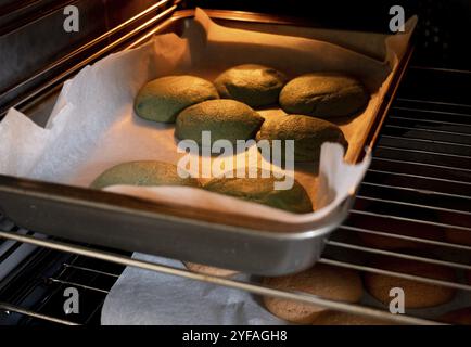 Deliziosi biscotti al cioccolato appena sfornati al forno Foto Stock