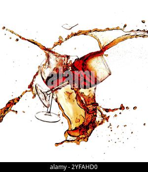 Bicchieri da vino rotti con spruzzi di vino rosso su sfondo bianco Foto Stock
