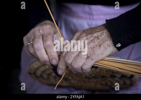 Senior donna da Cipro la tessitura di un cestello tradizionale con ance Foto Stock